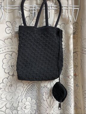 Vintage Black Textured Crochet Shoulder Bag with Coin Pouch